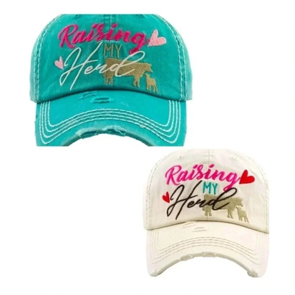 Boutique NWT Raising My Herd embroidered distressed Bball cap boho western